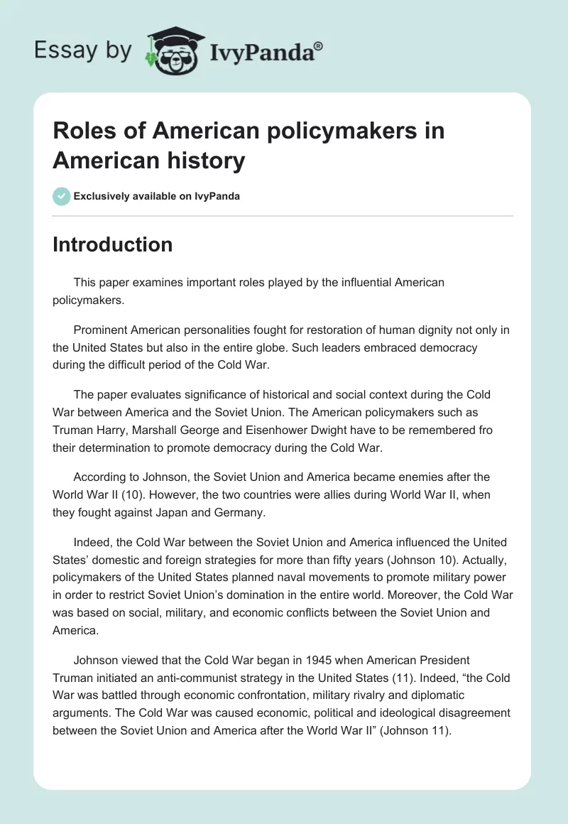 Roles of American policymakers in American history. Page 1