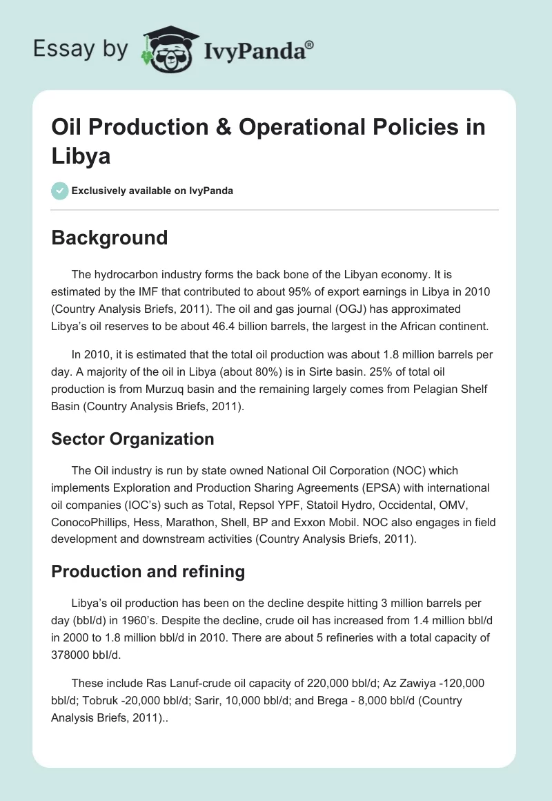 Oil Production & Operational Policies in Libya. Page 1