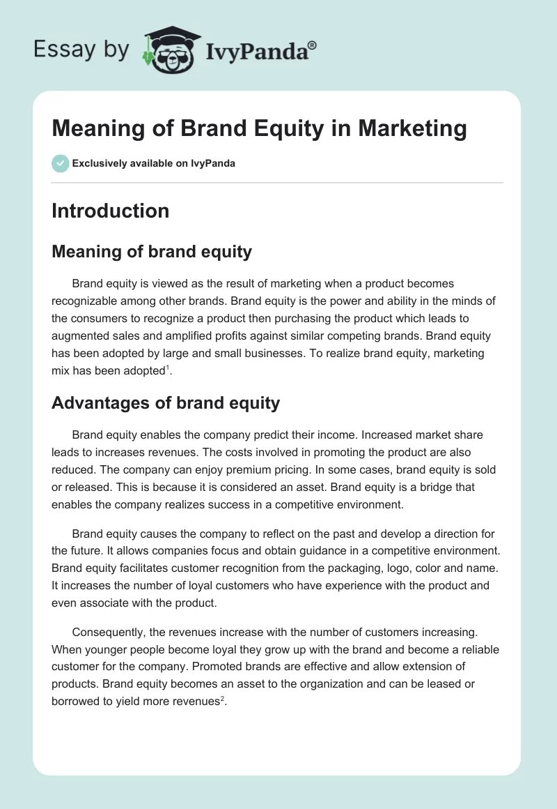 Meaning of Brand Equity in Marketing. Page 1