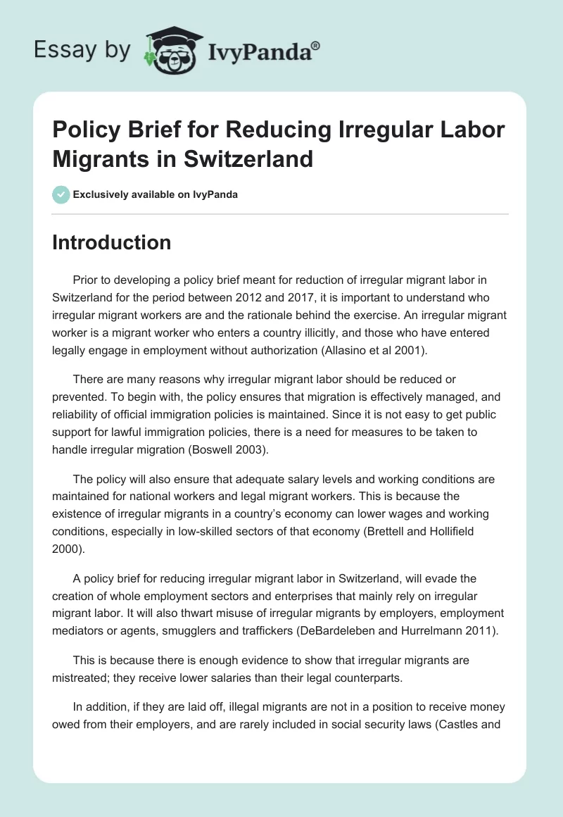 Policy Brief for Reducing Irregular Labor Migrants in Switzerland. Page 1