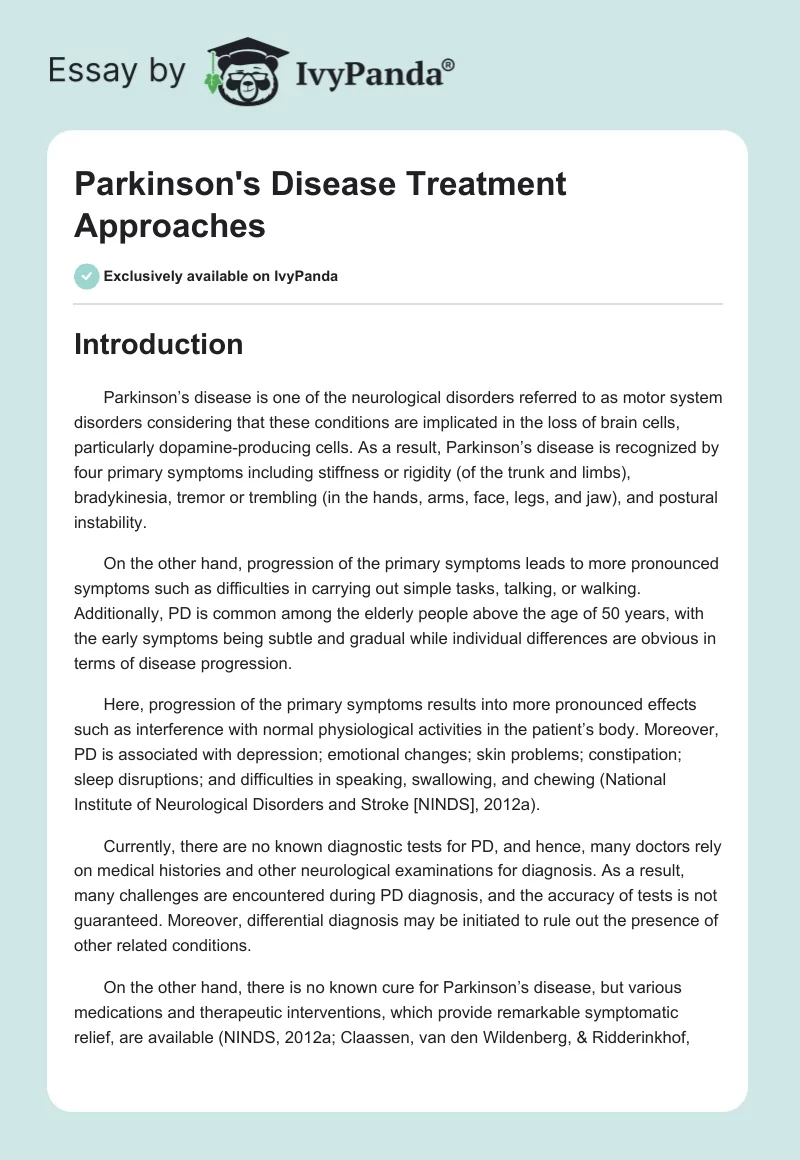 Parkinson's Disease Treatment Approaches. Page 1