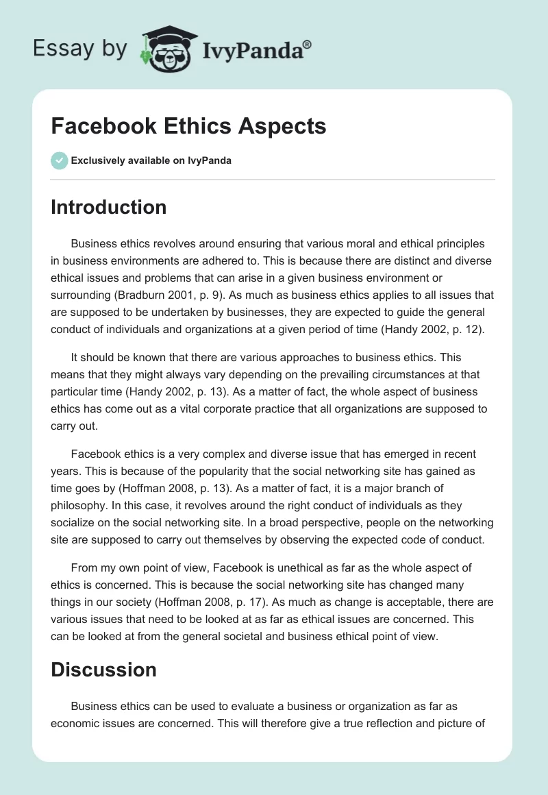 Facebook Ethics Aspects. Page 1