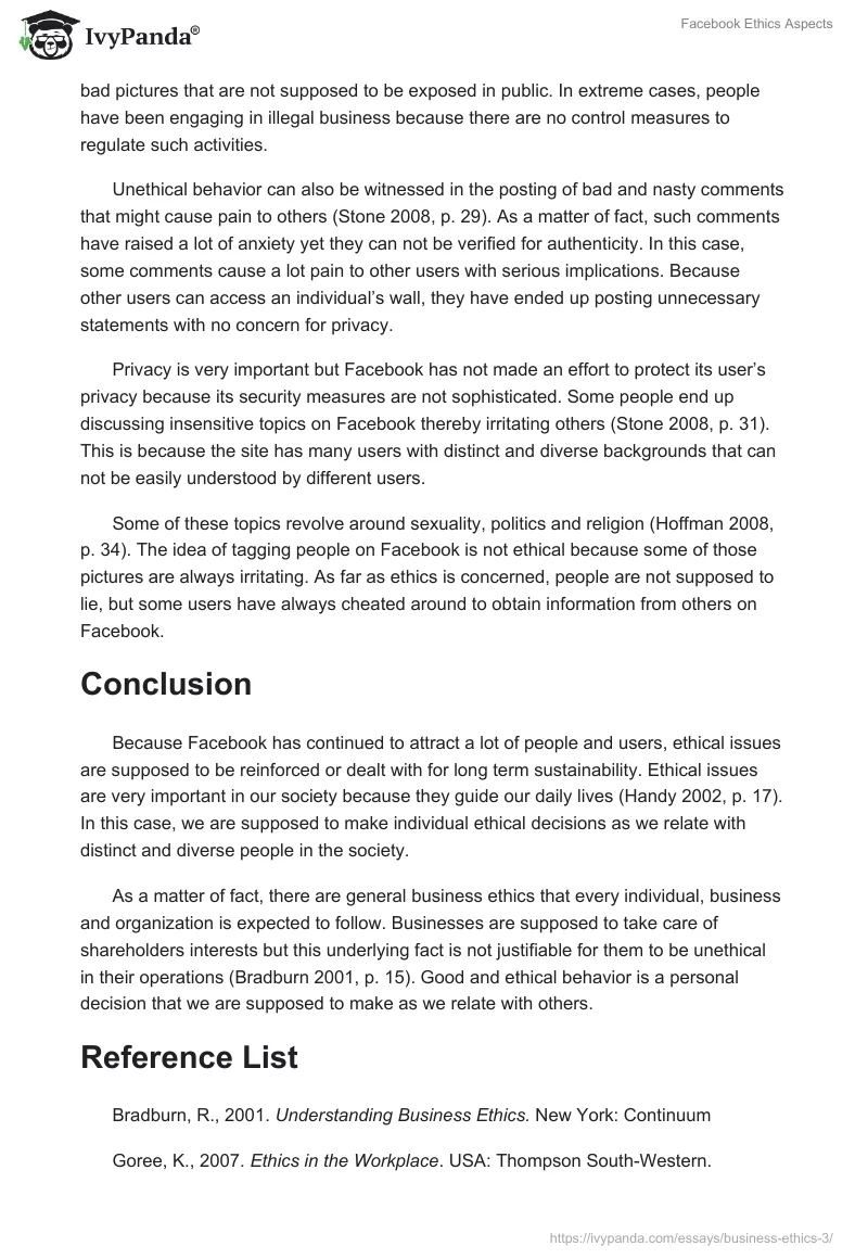 Facebook Ethics Aspects. Page 3