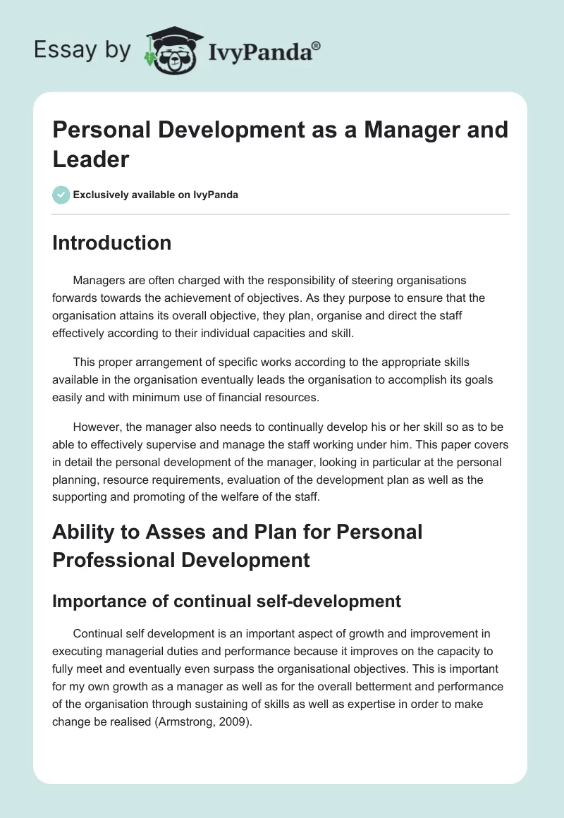 Personal Development as a Manager and Leader. Page 1