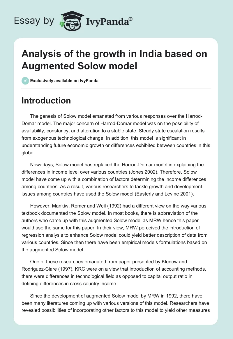 Analysis of the growth in India based on Augmented Solow model. Page 1