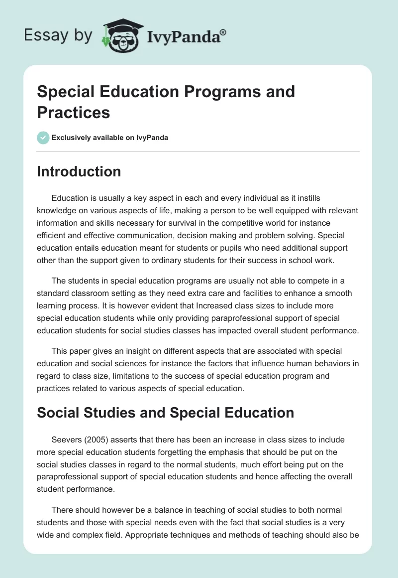 Special Education Programs and Practices. Page 1