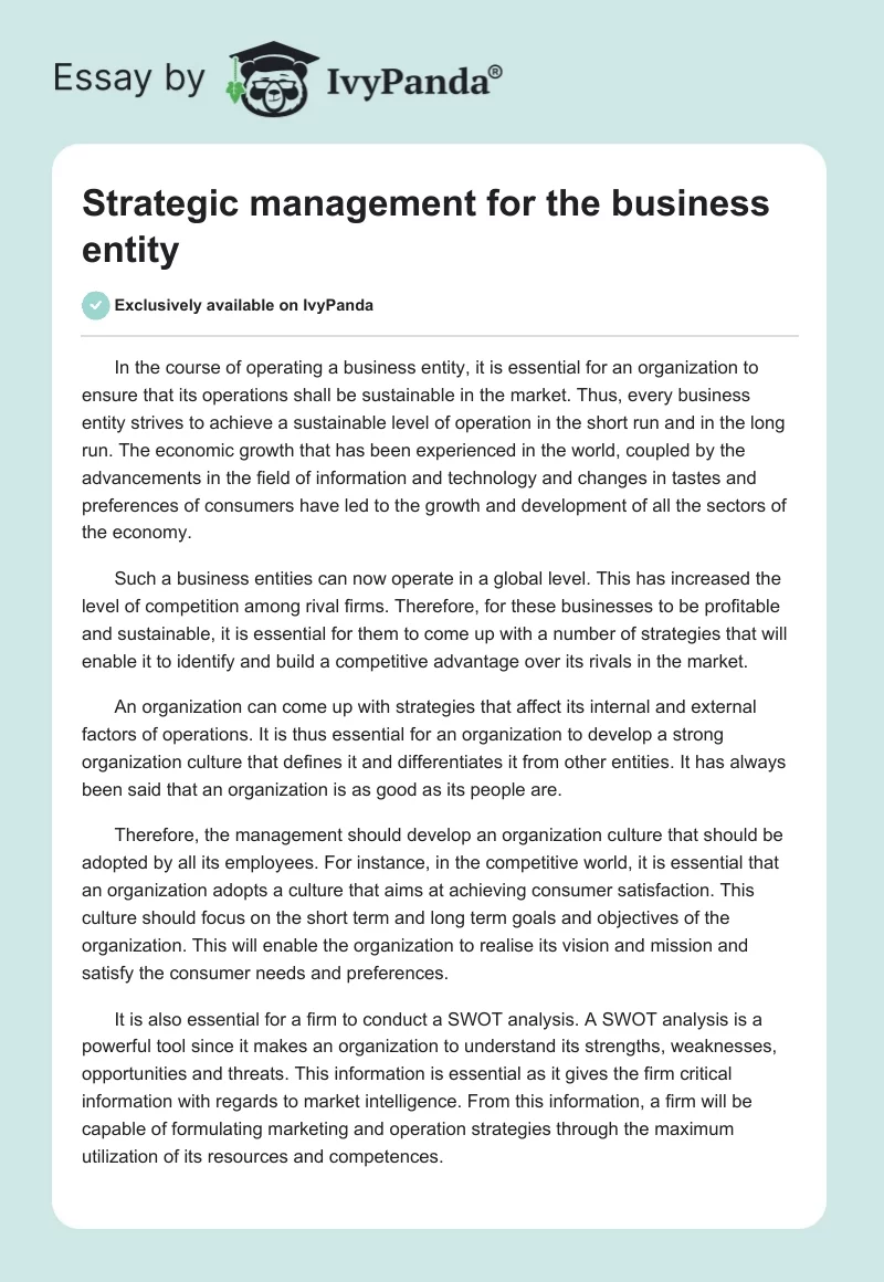 Strategic management for the business entity. Page 1