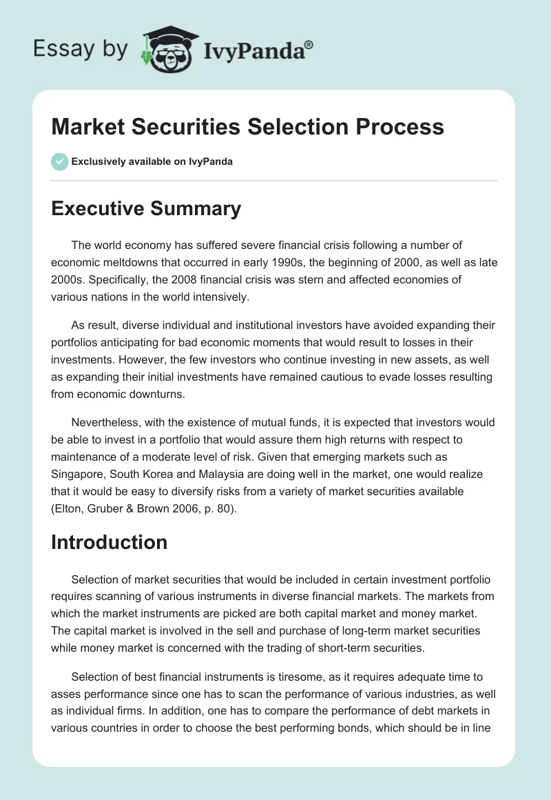 Market Securities Selection Process. Page 1