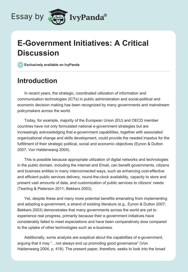 E-Government Initiatives: A Critical Discussion. Page 1