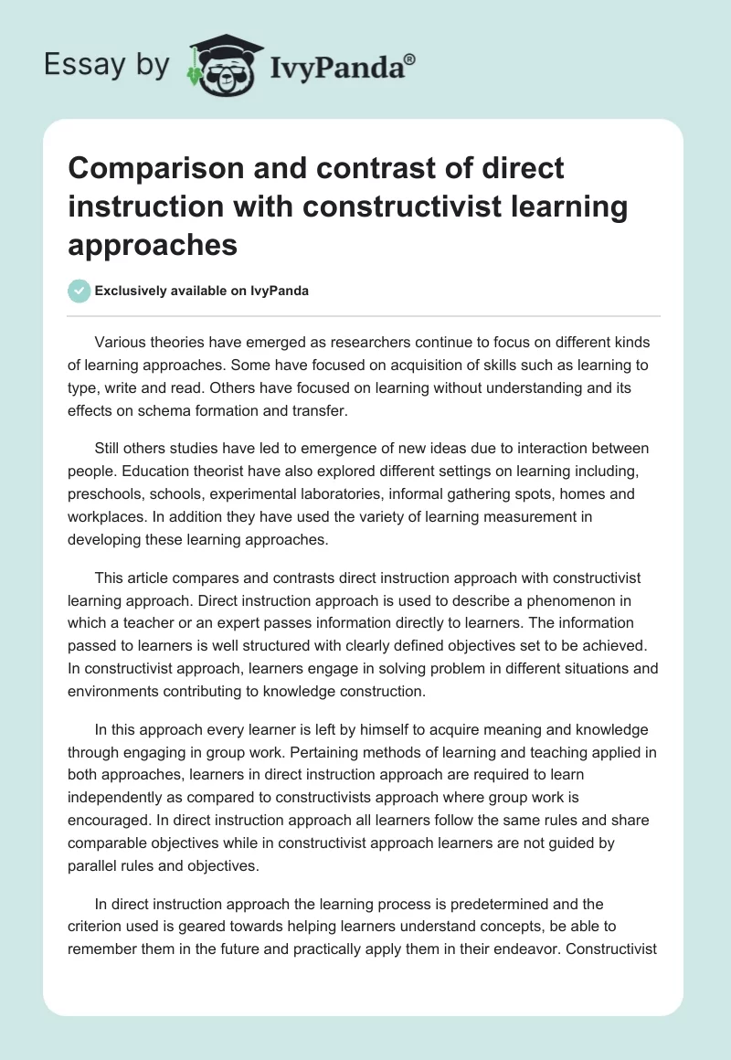 Comparison and contrast of direct instruction with constructivist learning approaches. Page 1