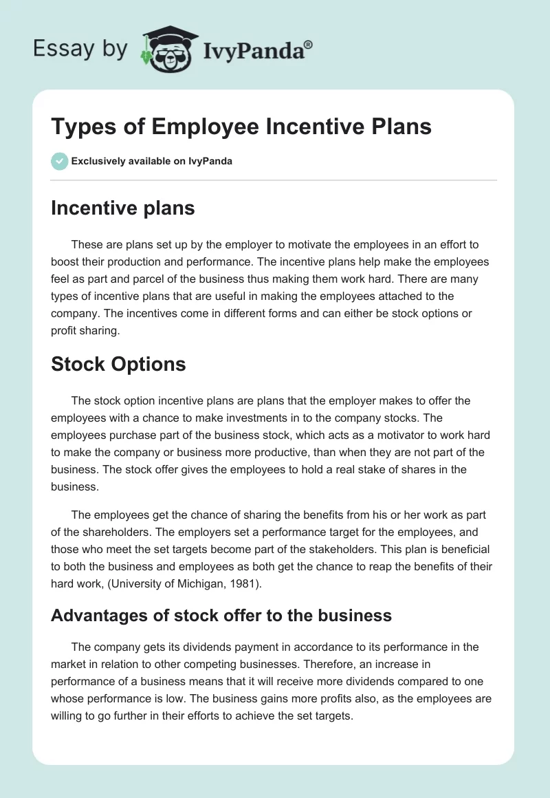 Types of Employee Incentive Plans. Page 1
