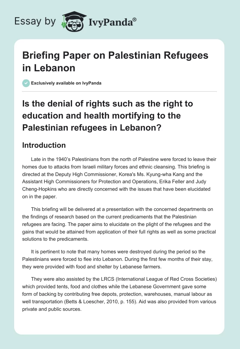 Briefing Paper on Palestinian Refugees in Lebanon. Page 1