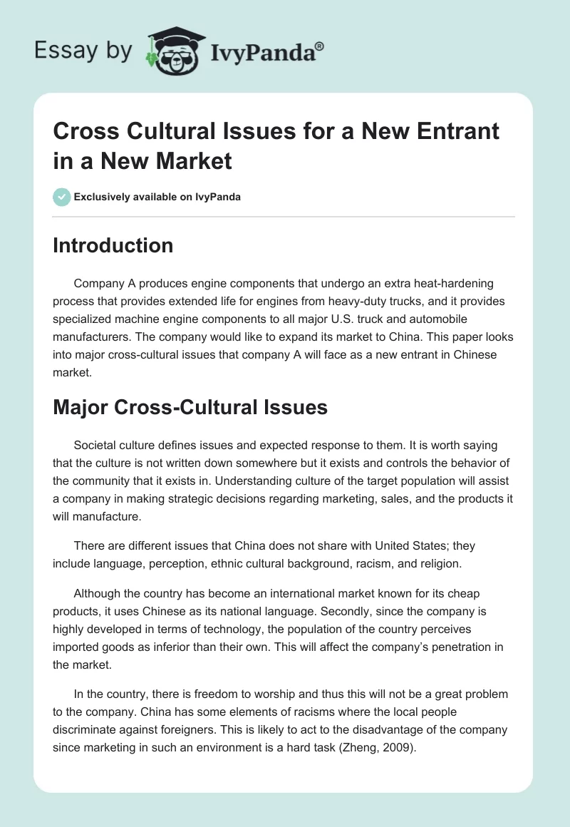 Cross Cultural Issues for a New Entrant in a New Market. Page 1