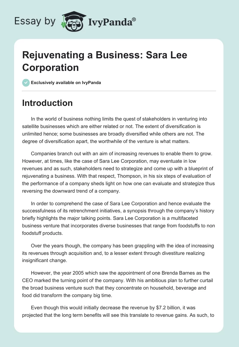 Rejuvenating a Business: Sara Lee Corporation. Page 1