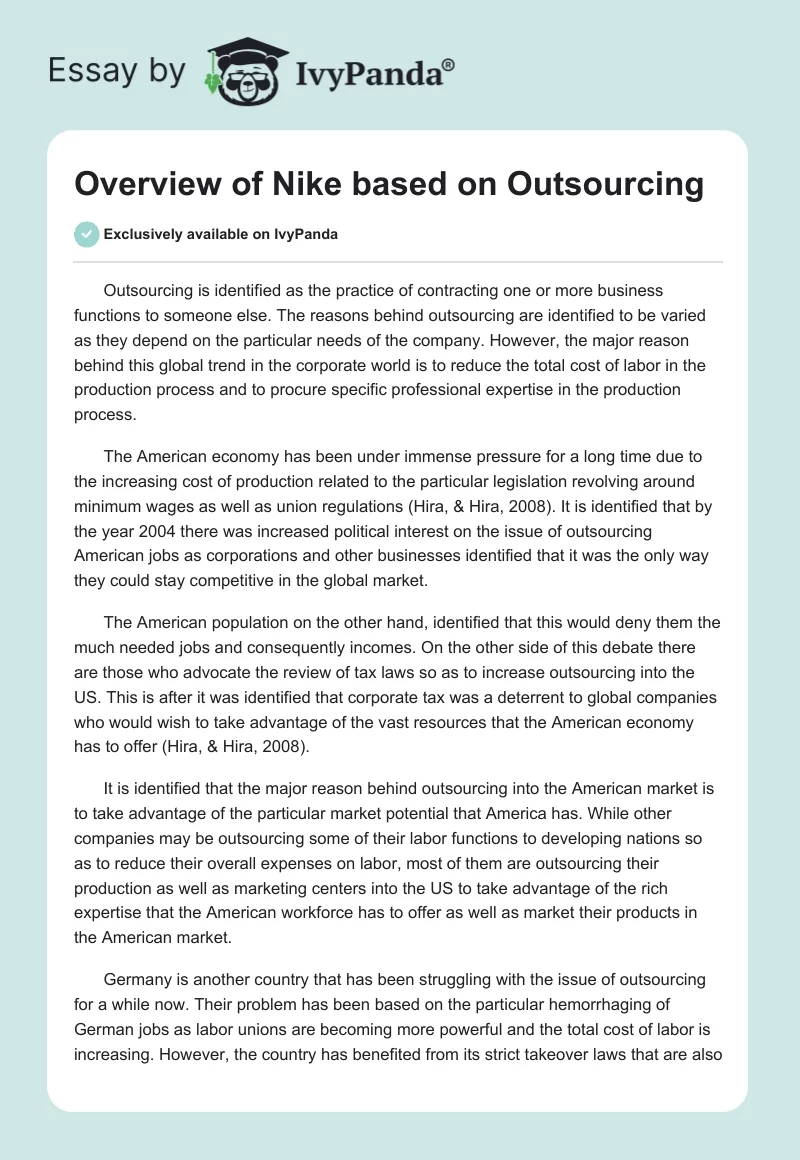Overview of Nike Based on Outsourcing. Page 1