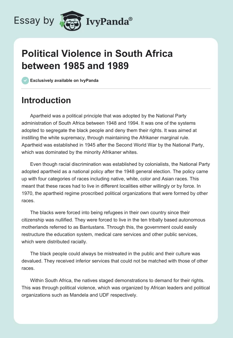 Political Violence in South Africa between 1985 and 1989. Page 1