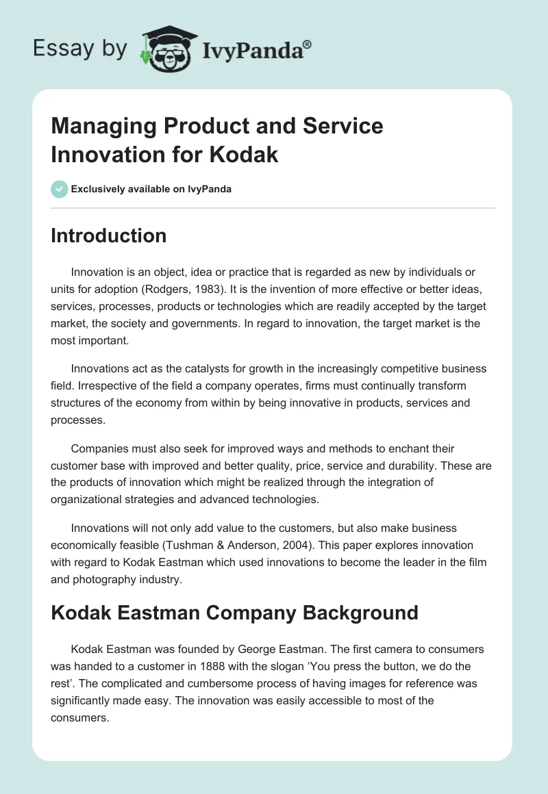 Managing Product and Service Innovation for Kodak. Page 1
