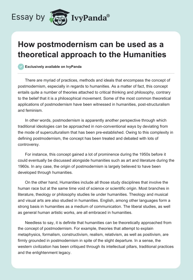 How Postmodernism Can Be Used as a Theoretical Approach to the Humanities. Page 1