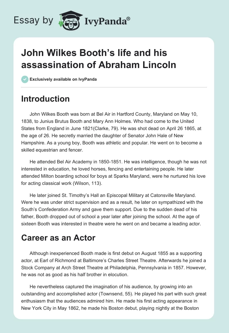 John Wilkes Booth’s Life and His Assassination of Abraham Lincoln. Page 1