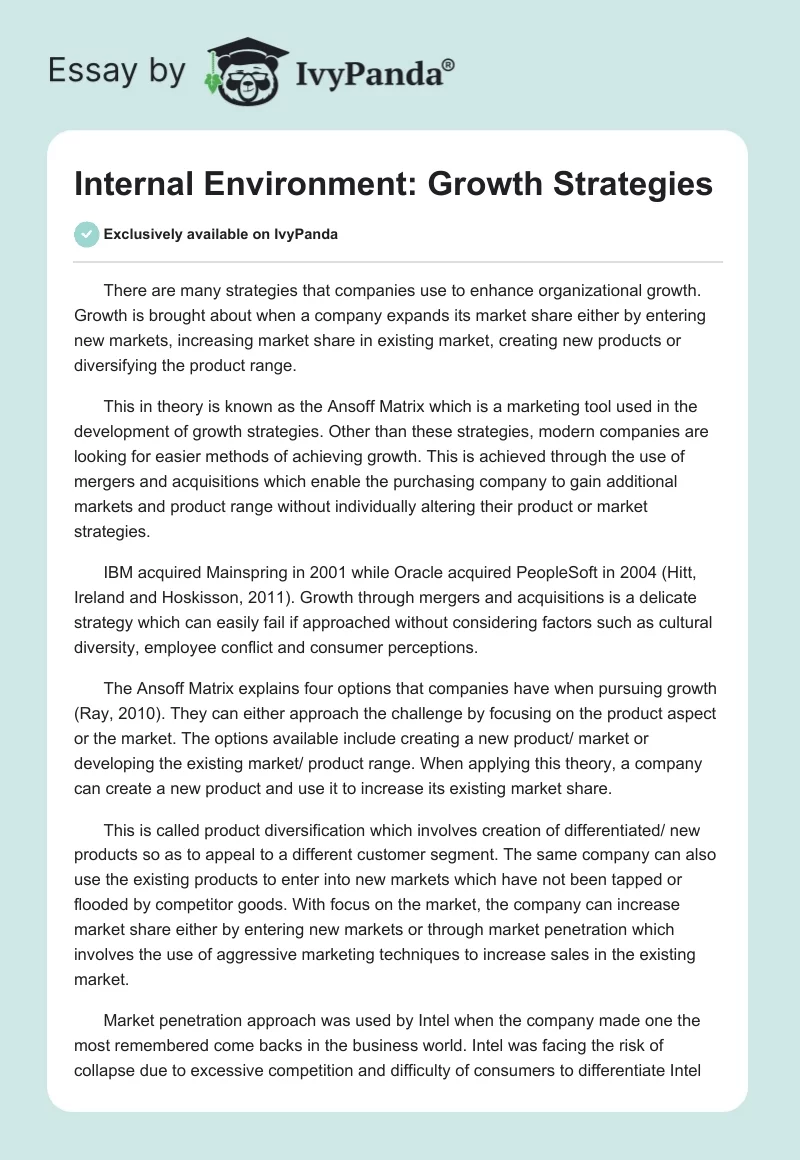 Internal Environment: Growth Strategies. Page 1