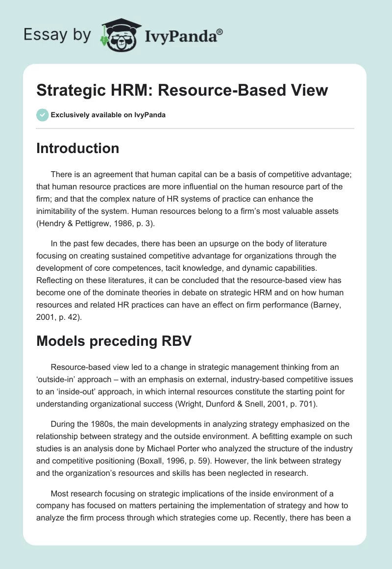 Strategic HRM: Resource-Based View. Page 1