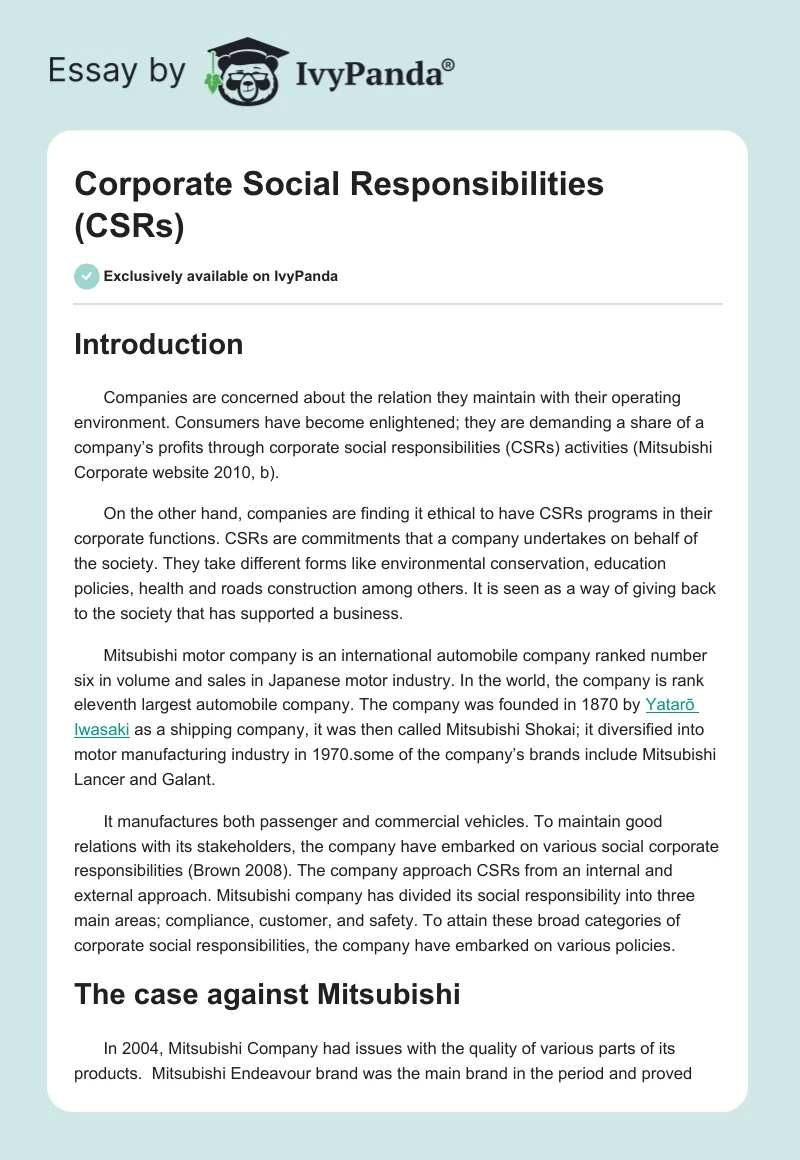 Corporate Social Responsibilities (CSRs). Page 1