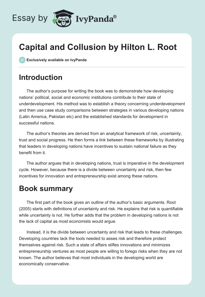 "Capital and Collusion" by Hilton L. Root. Page 1