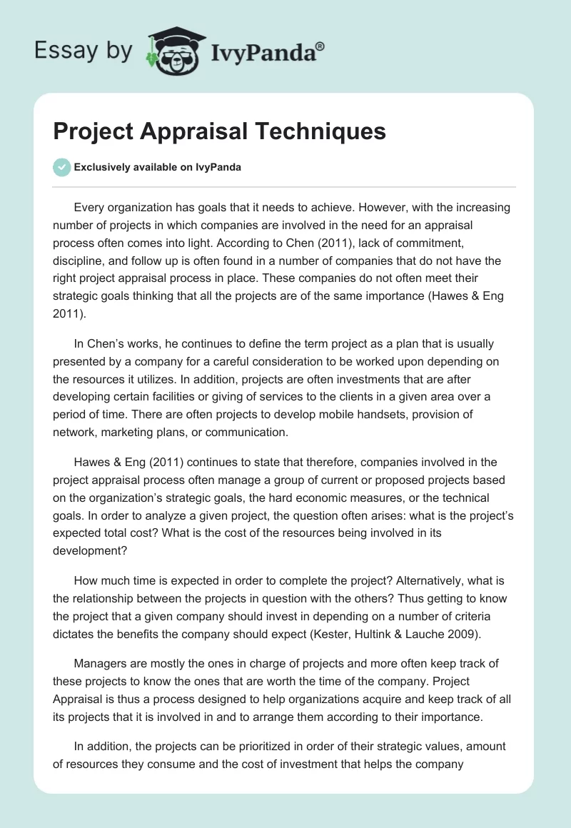 Project Appraisal Techniques. Page 1