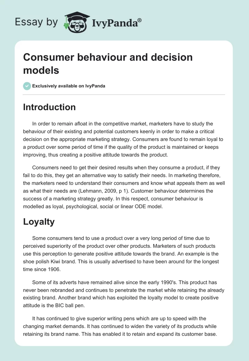 Consumer behaviour and decision models. Page 1