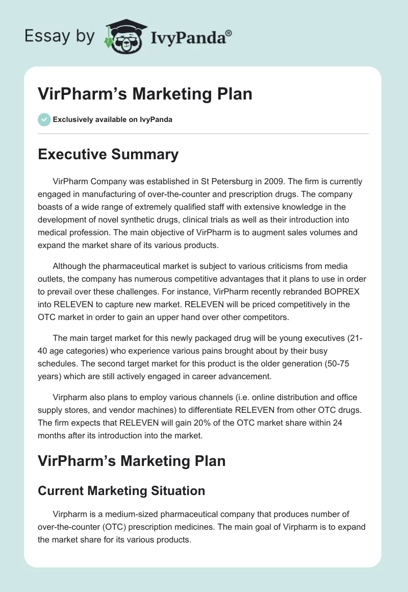 VirPharm’s Marketing Plan. Page 1