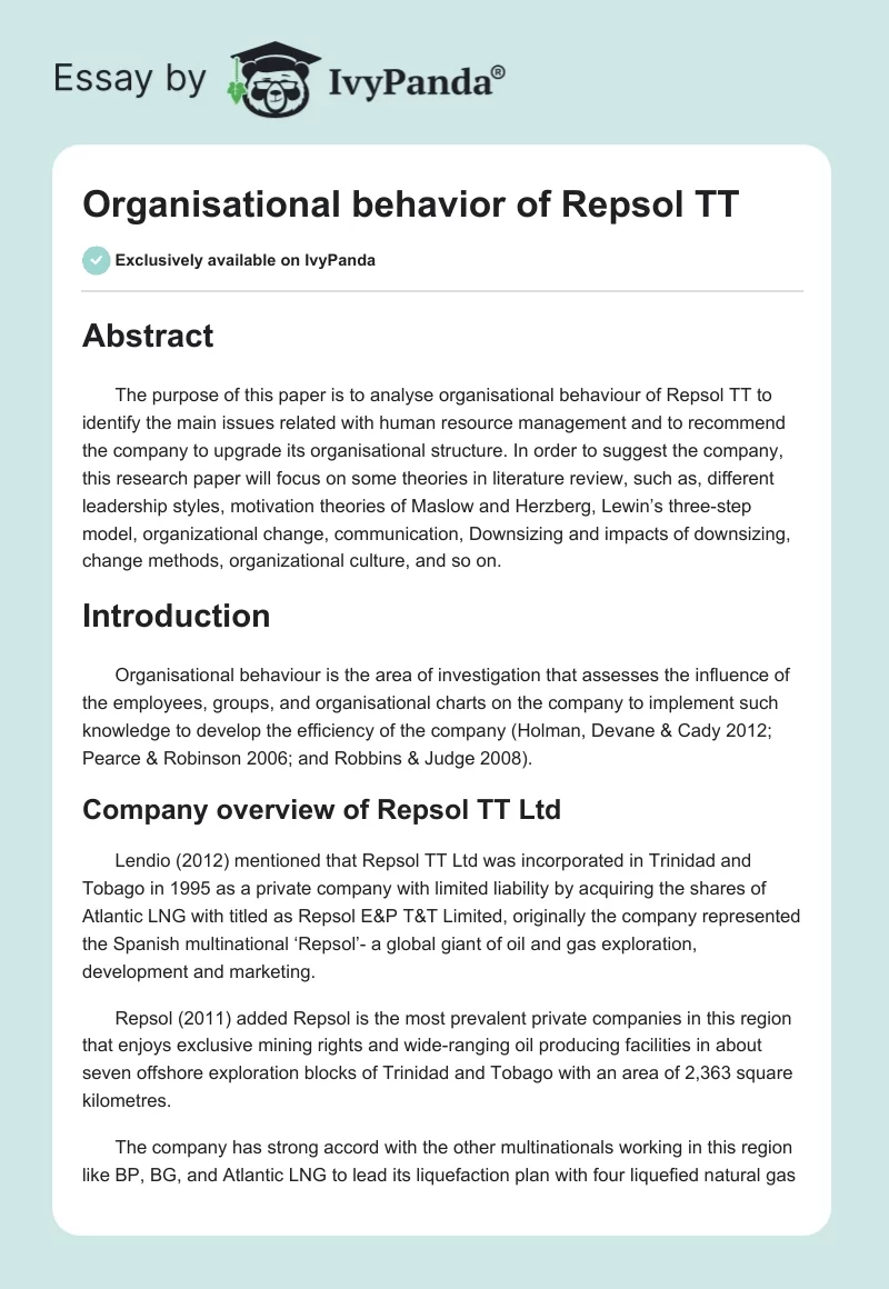 Organisational behavior of Repsol TT. Page 1