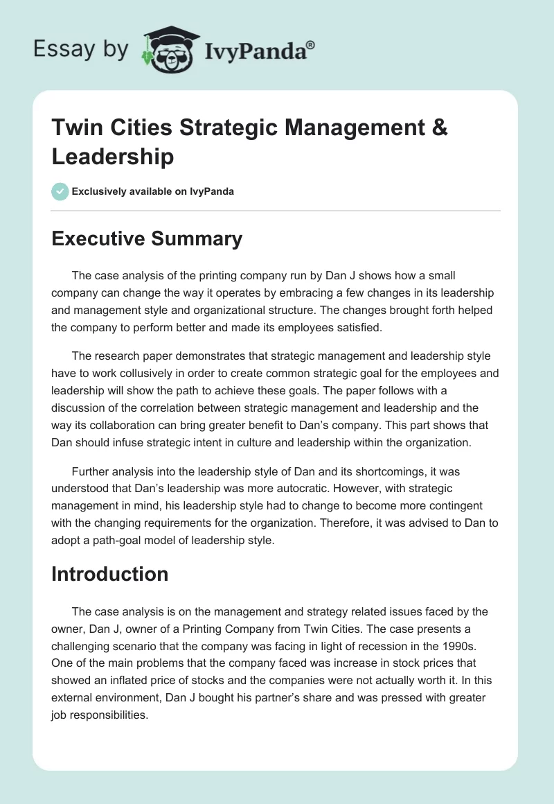 "Twin Cities" Strategic Management & Leadership. Page 1
