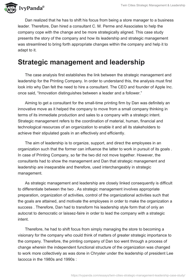 "Twin Cities" Strategic Management & Leadership. Page 2
