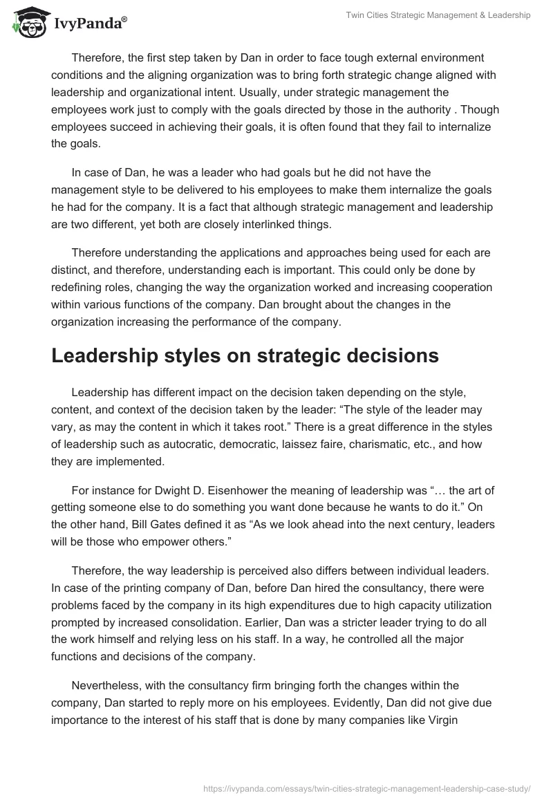 "Twin Cities" Strategic Management & Leadership. Page 4
