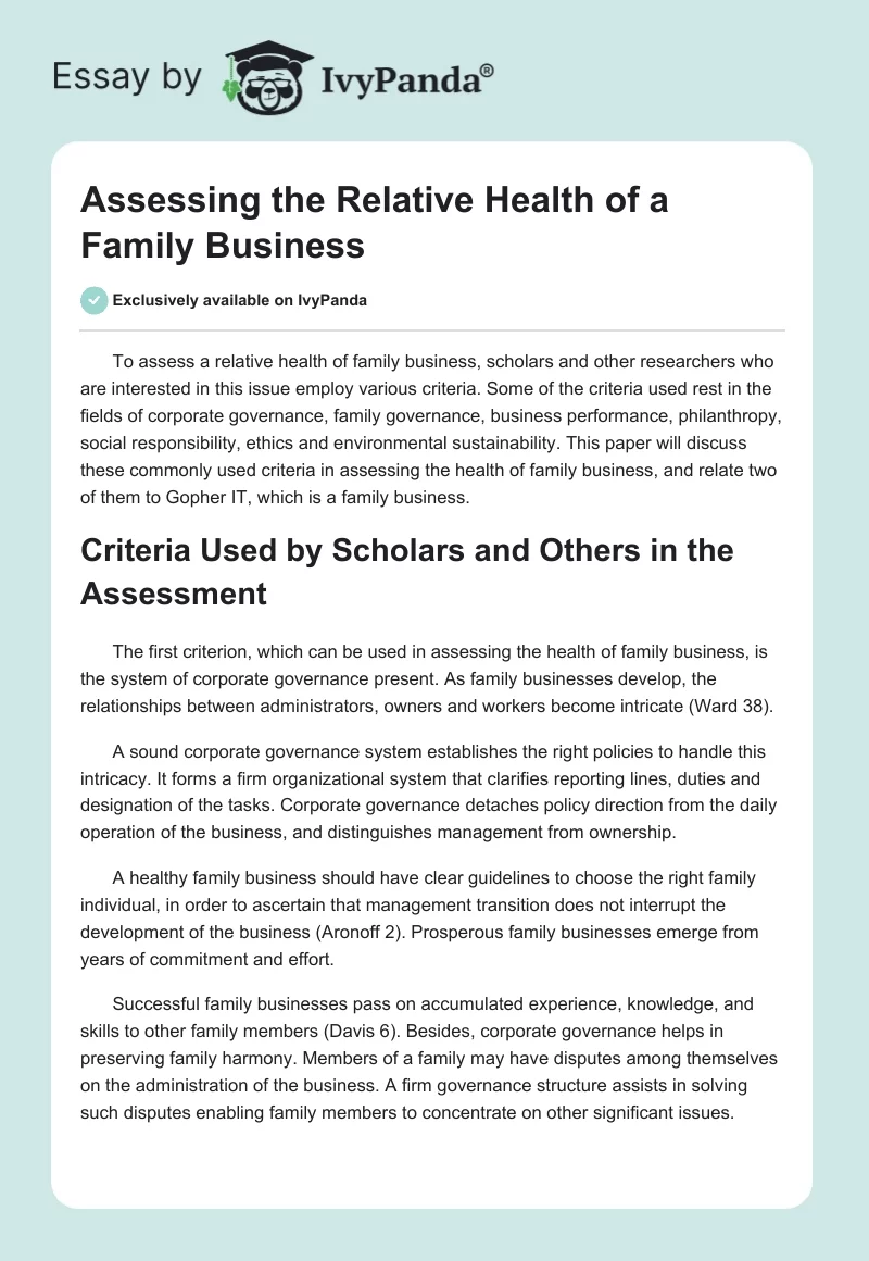 Assessing the Relative Health of a Family Business. Page 1