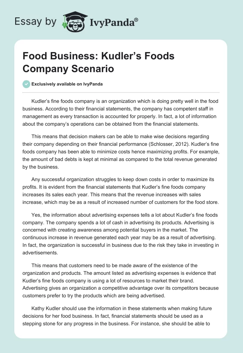 Food Business: Kudler’s Foods Company Scenario. Page 1