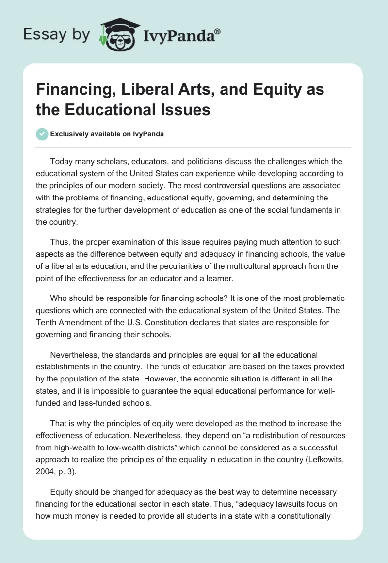 Financing, Liberal Arts, and Equity as the Educational Issues. Page 1