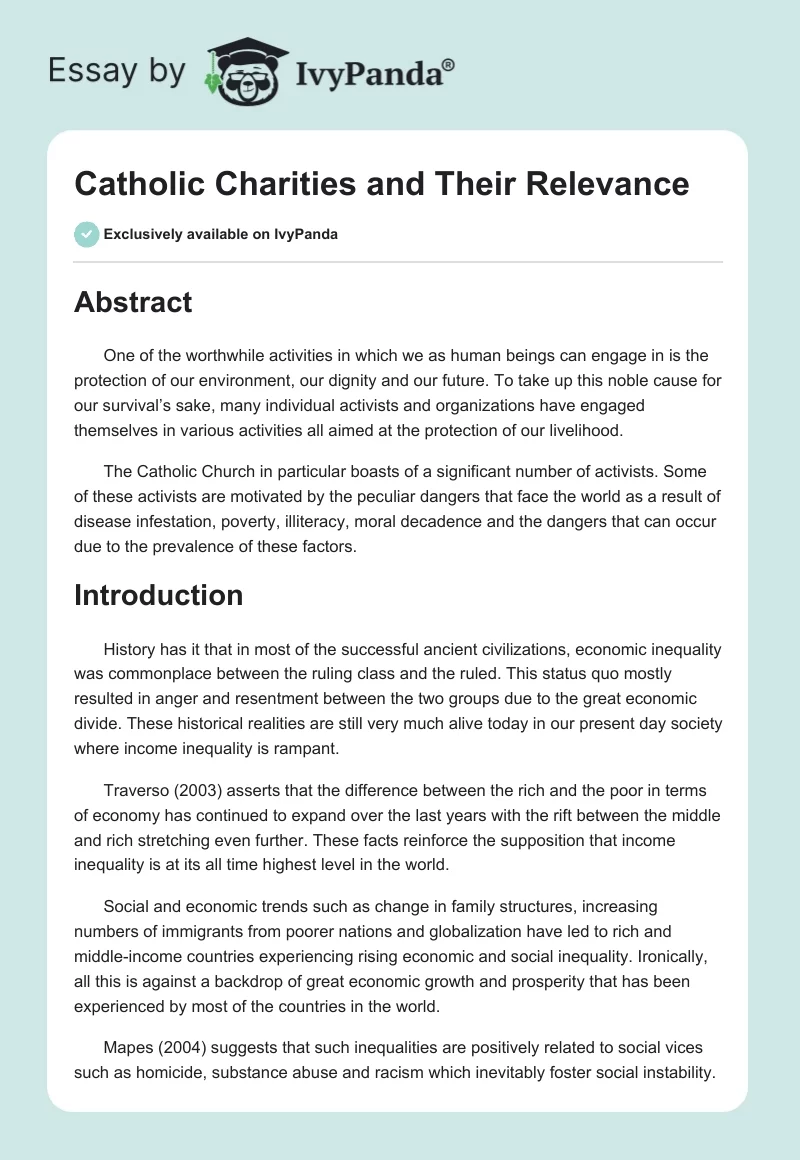Catholic Charities and Their Relevance. Page 1