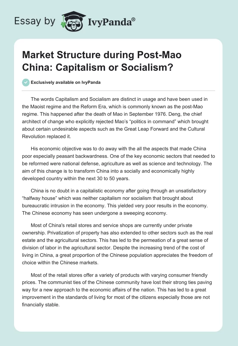 Market Structure during Post-Mao China: Capitalism or Socialism?. Page 1