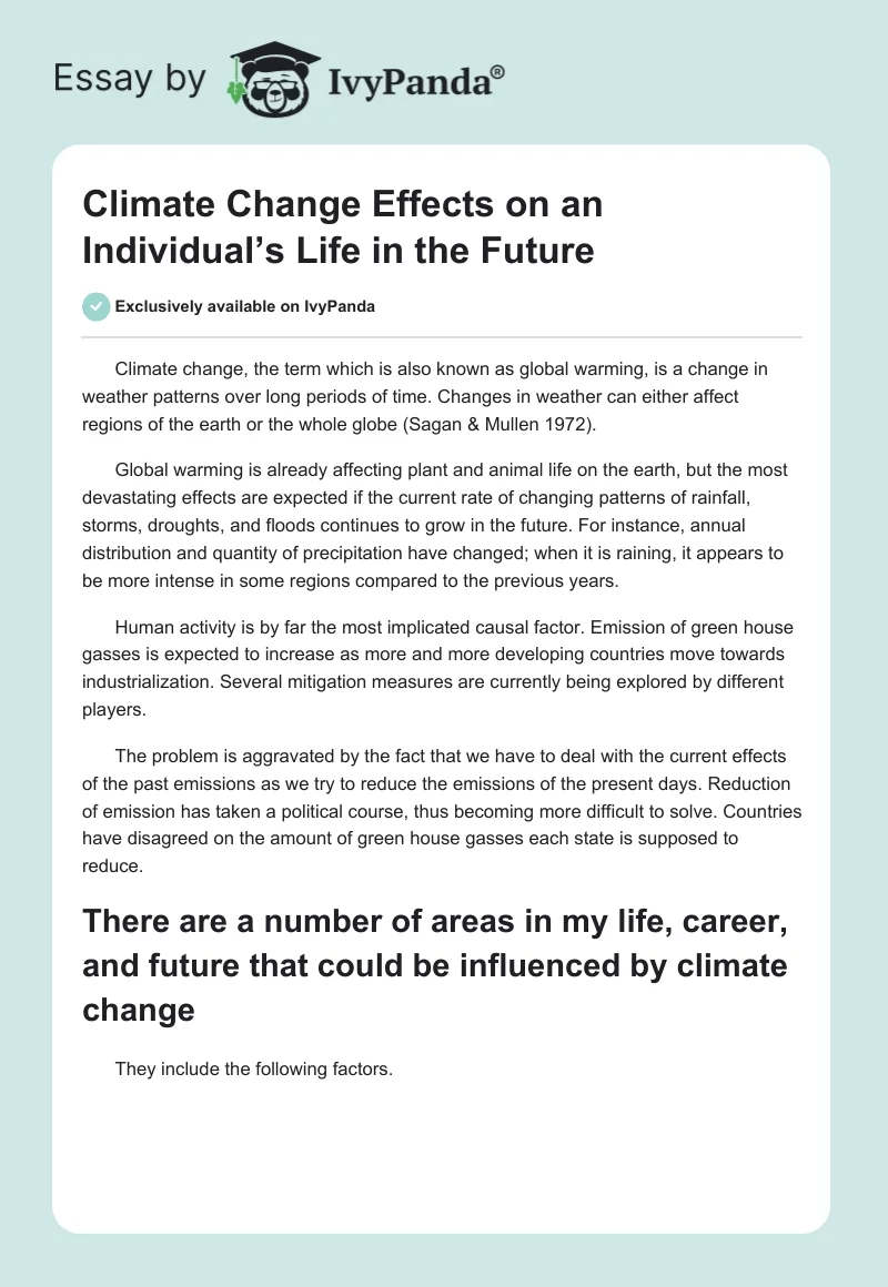 Climate Change Effects on an Individual’s Life in the Future. Page 1
