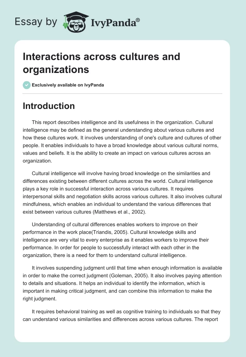 Interactions across cultures and organizations. Page 1