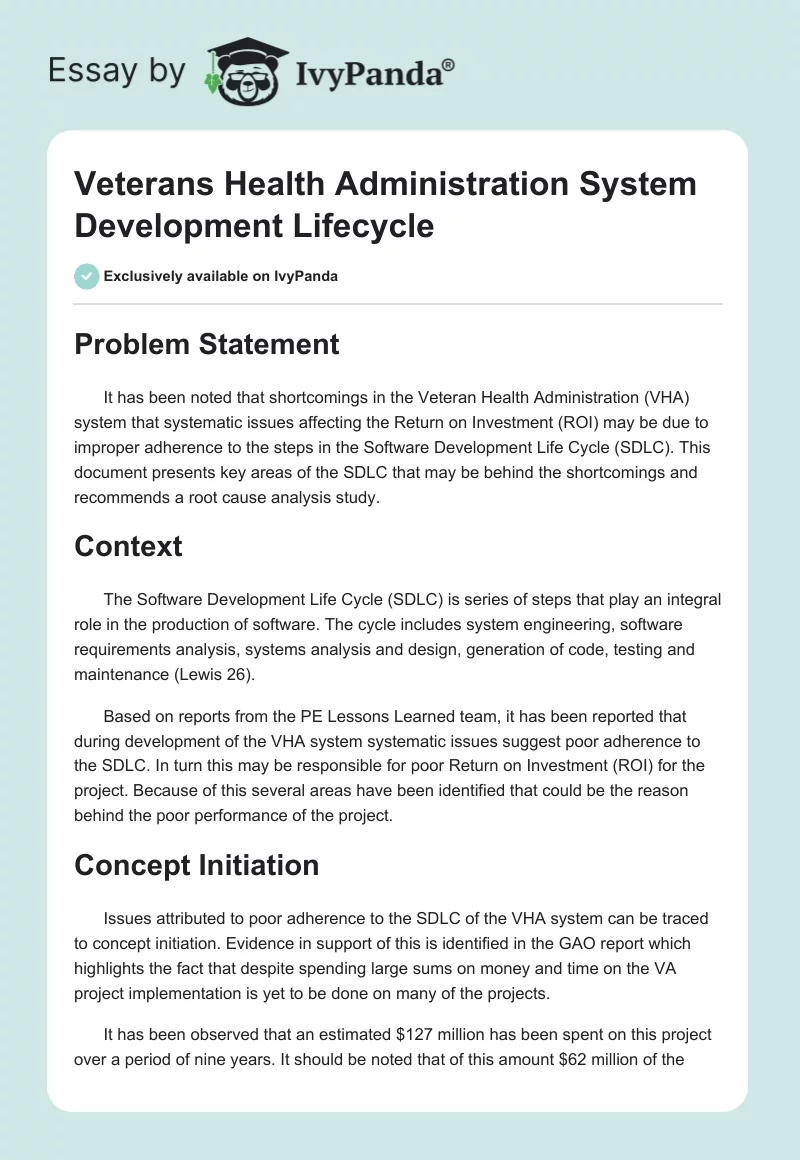 Veterans Health Administration System Development Lifecycle. Page 1