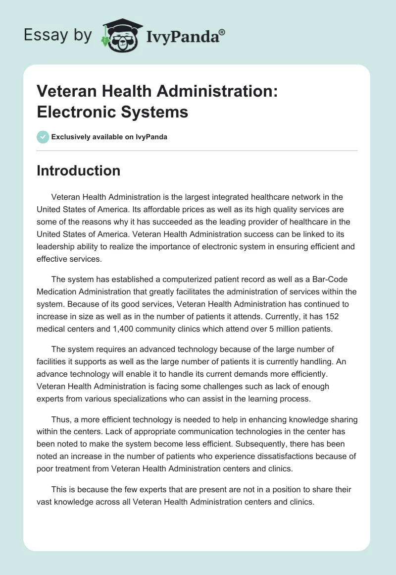 Veteran Health Administration: Electronic Systems. Page 1