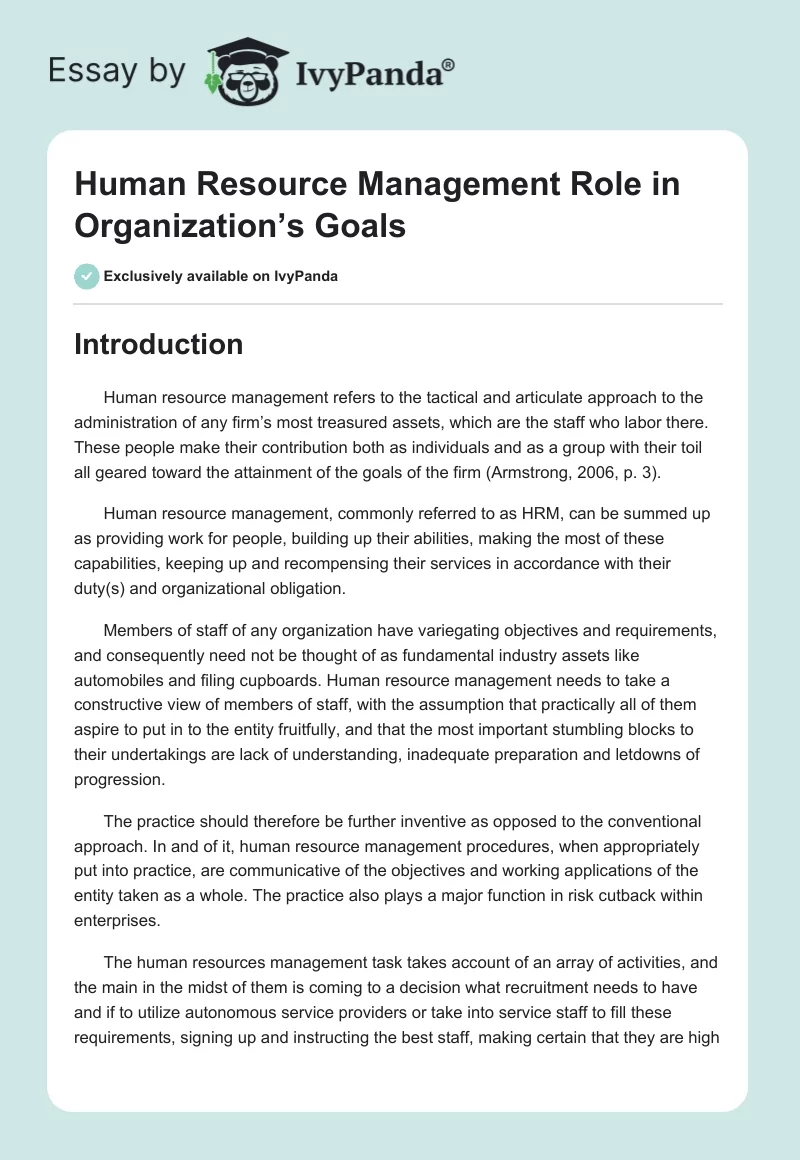 Human Resource Management Role in Organization’s Goals. Page 1