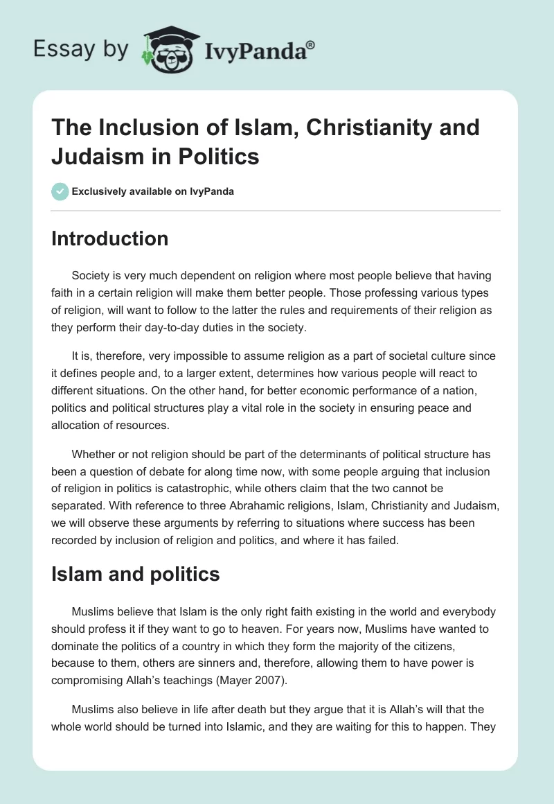 The Inclusion of Islam, Christianity and Judaism in Politics. Page 1