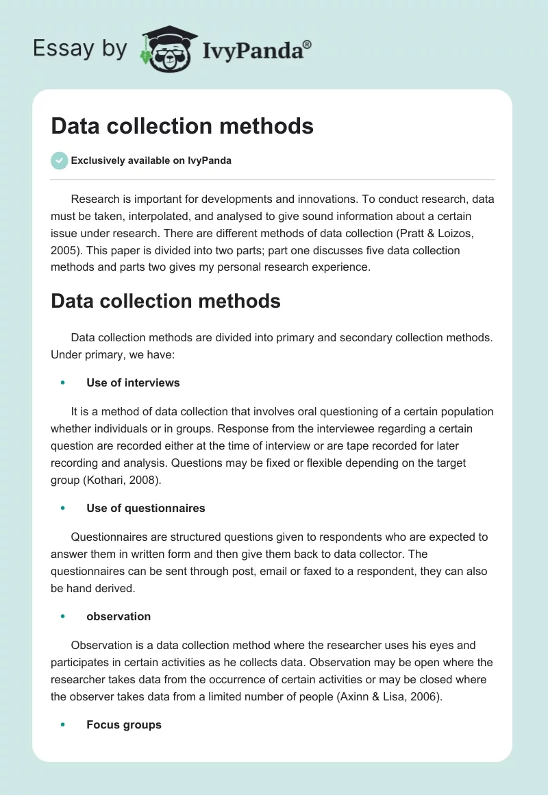 Data collection methods. Page 1