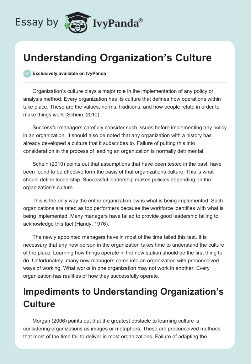 Understanding Organization’s Culture. Page 1