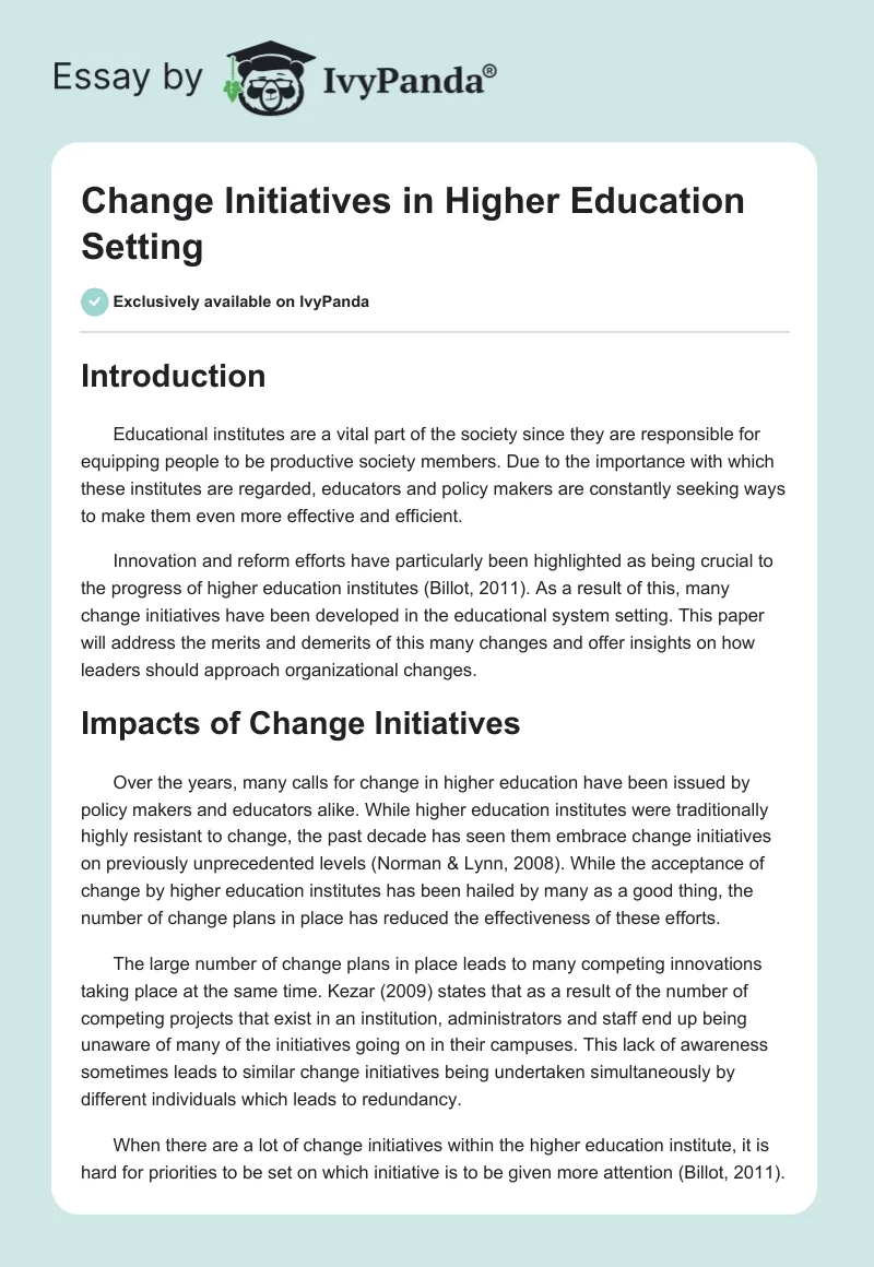 Change Initiatives in Higher Education Setting. Page 1