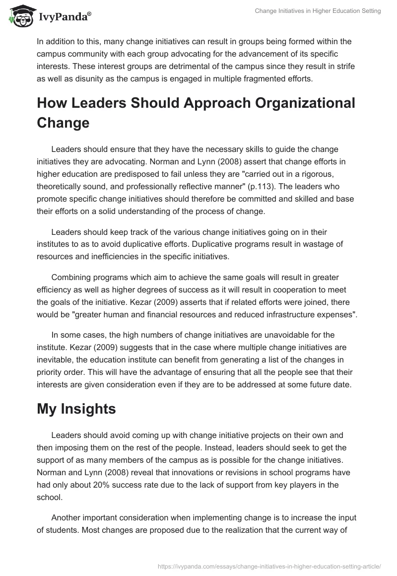 Change Initiatives in Higher Education Setting. Page 2