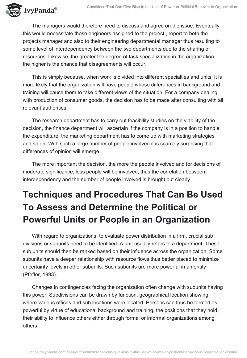 Conditions That Can Give Rise to the Use of Power or Political Behavior in Organization. Page 2
